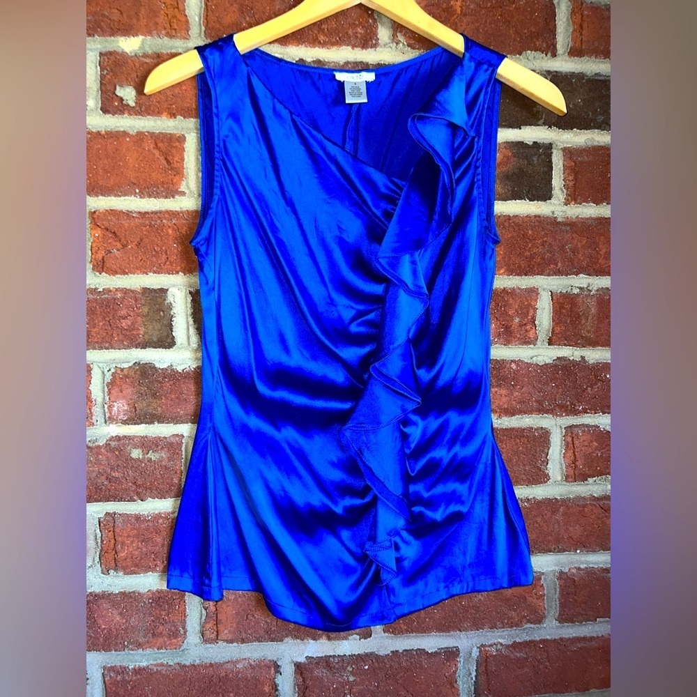 Cache royal blue silky blouse with ruffles down the front